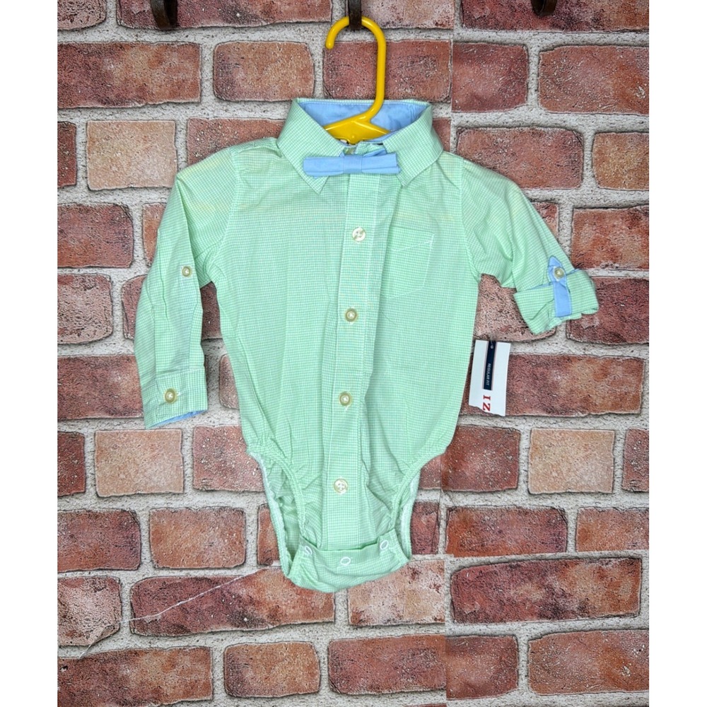IZOD Baby Boys Green Gingham Bodysuit with Bow Tie Size 3/6 Months NWT